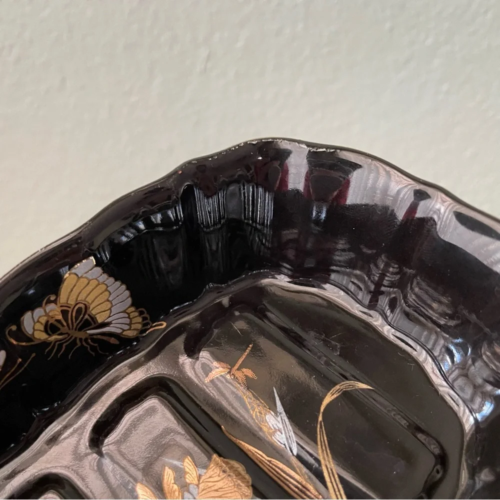 Kutani | Vintage Japanese Black Gold Iris Butterfly Soap Trinket Dish | Fairy